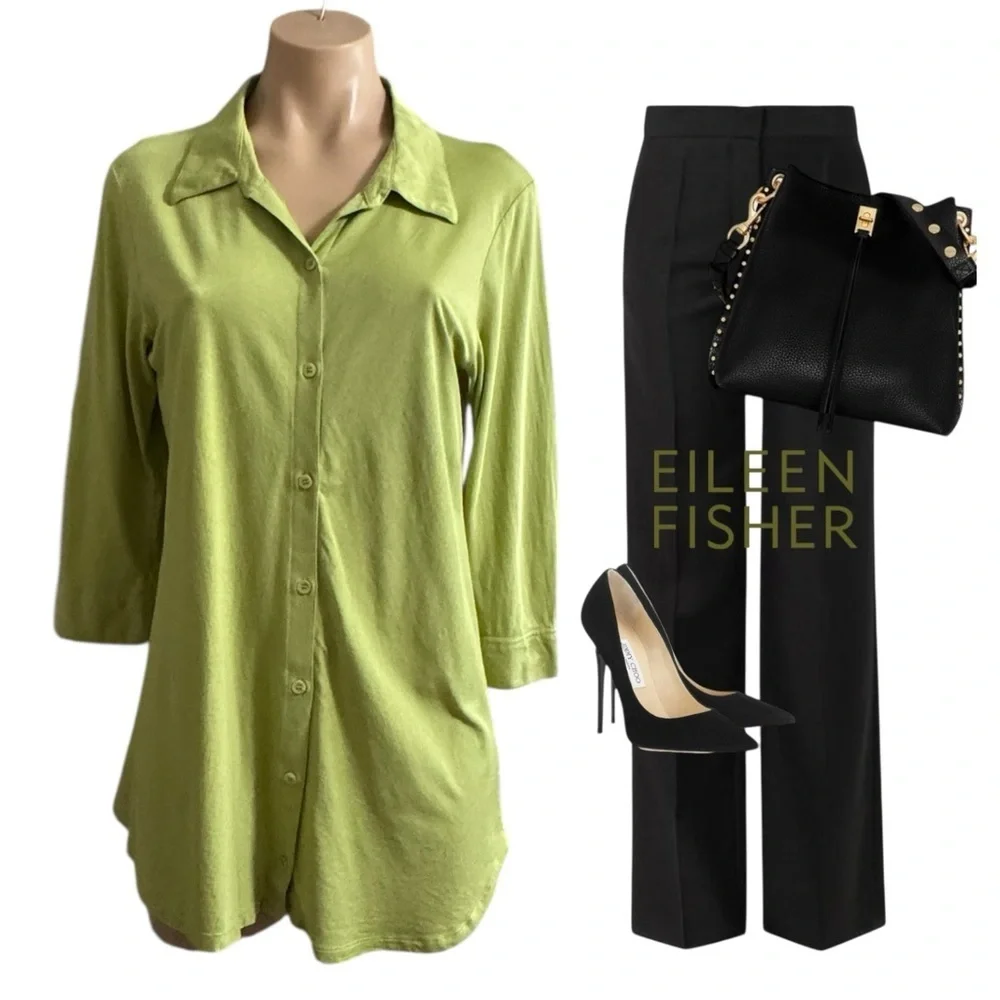 Eileen Fisher Green Organic Cotton Classic Collar Long Button Up Shirt SZ M - Picture 2 of 5
